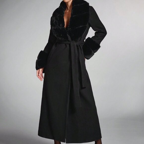 Black Elegant Women's Faux Fur Fluffy Shawl Collar Long Coat - Picture 3 of 7